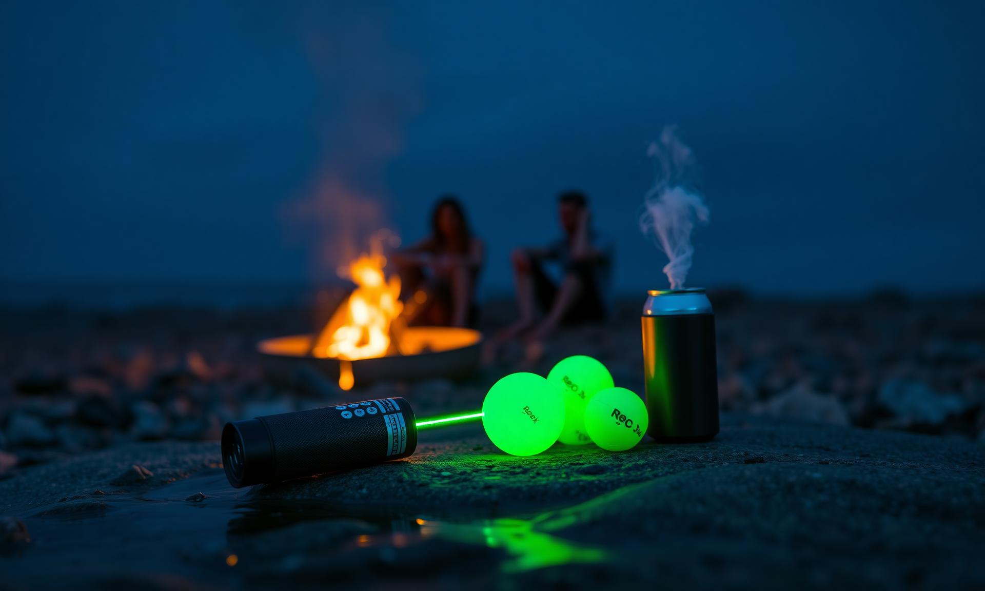 BeamX gear at dusk — laser and glow pickleballs by a bonfire